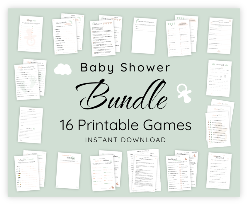 A bundle of all our 16 printables for baby showers. These are templates that can be printed to simplify the preparations for your baby shower. It includes, for example, an emoji pictionary game and a quiz. Once printed, it becomes super easy to both play and check the answers with the included answer keys.