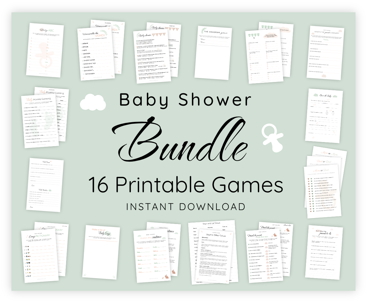 A bundle of all our 16 printables for baby showers. These are templates that can be printed to simplify the preparations for your baby shower. It includes, for example, an emoji pictionary game and a quiz. Once printed, it becomes super easy to both play and check the answers with the included answer keys.