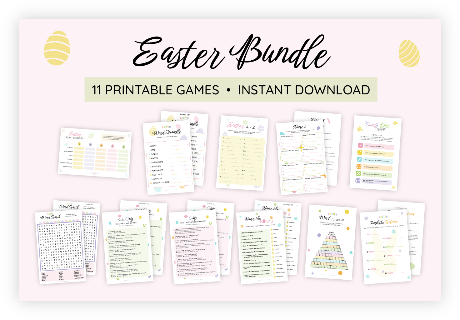 A bundle of all our 11 printables for easter parties. These are templates that can be printed to simplify the preparations for your easter party. It includes, for example, a dice candy game and two quizes, one for kids and one for adults. Once printed, it becomes super easy to both play and check the answers with the included answer keys.