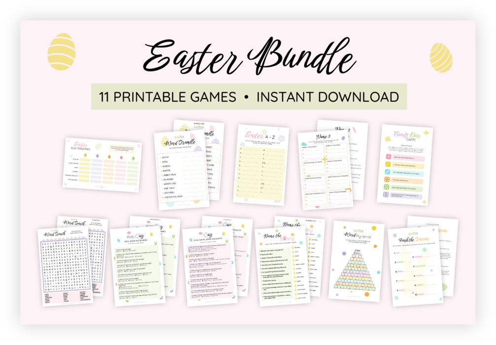 A bundle of all our 11 printables for easter parties. These are templates that can be printed to simplify the preparations for your easter party. It includes, for example, a dice candy game and two quizes, one for kids and one for adults. Once printed, it becomes super easy to both play and check the answers with the included answer keys.