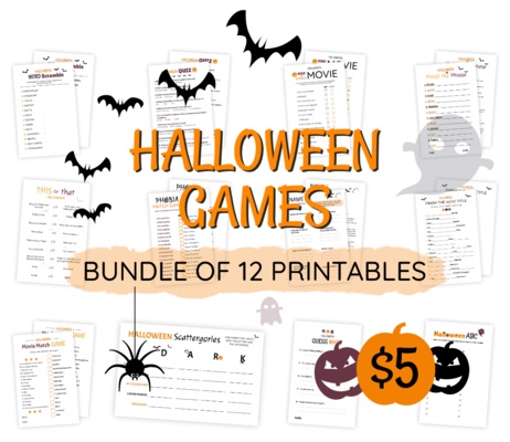 Bundle of all 12 Halloween printables. These are designs you can print that make playing our games much easier and more fun! Examples of included printables are a Halloween Quiz, Phobia Match Game, Kids or Horror Movie, and Halloween Word Scramble. When these are printed the games are super easy to play and also to correct because answer sheets are included where appropriate.