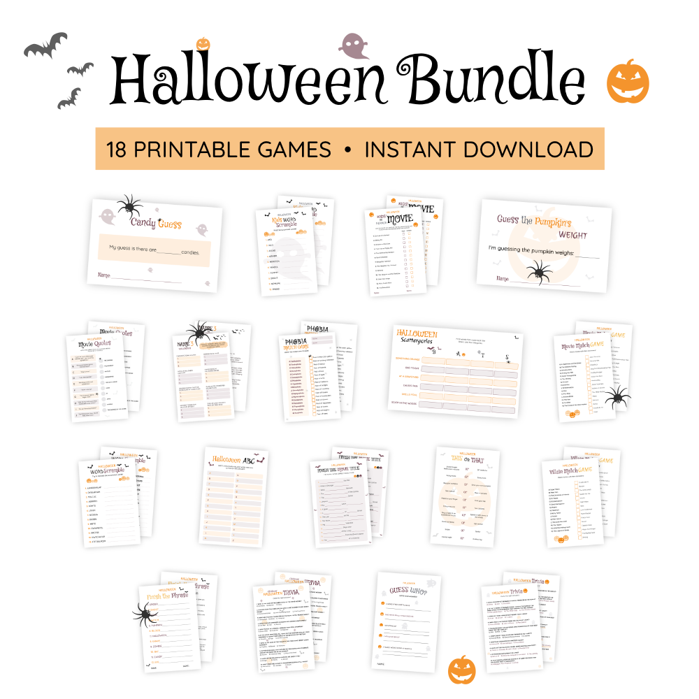 Bundle of all 18 Halloween printables. These are designs you can print that make playing our games much easier and more fun! Examples of included printables are a Halloween Trivia, Phobia Match Game, Kids or Horror Movie, and Halloween Word Scramble. When these are printed the games are super easy to play and also to correct because answer sheets are included where appropriate.