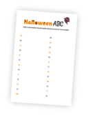 Printable for the Halloween ABC game. The printable lists all letters of the alphabet and the goal is to write a Halloween-related word for each one.