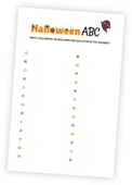Printable for the Halloween ABC game. The printable lists all letters of the alphabet and the goal is to write a Halloween-related word for each one.