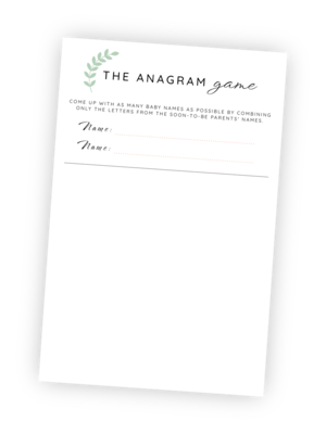 A beautifully designed printable for the 'Anagram Game' for Baby Showers. This custom-made template give guests plenty of space to write names using letters from the parents' names.