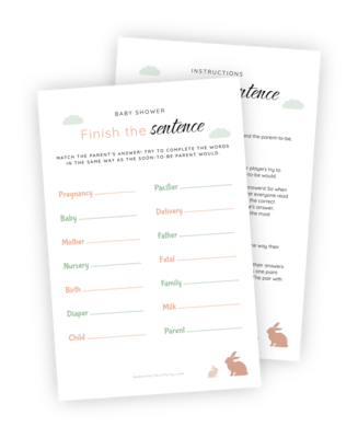 A beautifully designed printable for the Baby Shower game ‘Finish the Sentence’. The printable provide the guests with 14 baby- and pregnancy-related words and the challenge is to finish these phrases in the same way as the parent-to-be would, whose answers act as the key.