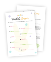 A beautifully designed printable for the Easter-themed game 'Finish the Sentence'. This game is about finishing a sentence in the same way as other players. The printable lists 10 words with space for finishing a word or phrase based on that word. Points are awarded for answers that match the answers of other players. The most points win!