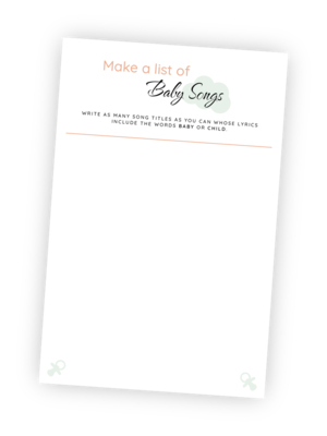 A beautifully designed printable for the Baby Shower game ‘Baby Songs’. The printable clearly describes the rules of the game and leaves ample space for writing song names.