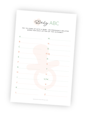 A beautifully designed printable for the Baby Shower game ‘Baby ABC’. The printable clearly describes the game and gives space to write a baby-related word for each letter of the alphabet.