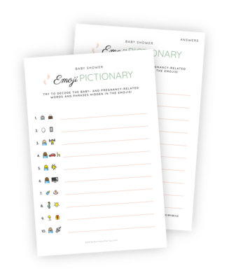 A beautifully designed printable for the Baby Shower game ‘Emoji Pictionary’. Players are challenged by 10 sets of emojis they must decode to find the hidden baby- and pregnancy-related words.