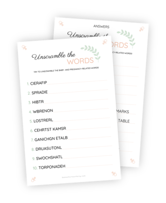 A beautifully designed baby word scrable printable called ‘Unscramble The Words’. The task is to unscramble 10 words related to babies or pregnancy and space is reserved to the right of each word for writing answers.