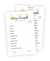 A beautifully designed printable for the Easter-themed game 'Word Scramble'. Here players are presented with 10 words and phrases that have had their letters scrambled. The task is to figure out what Easter-themed words are hiding behind the scrambled letters.