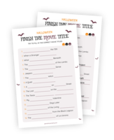 Downloadable printable for the Halloween game Finish the Movie Title. The goal of the game is to fill in the missing words of 16 horror movie titles. Answer sheet included.