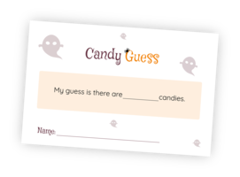 Printable for the Halloween Candy Guess game. The printable is a fun design to use for letting party guest guess the weight of a pumpkin, and they have space to write their name and guess on the slip.