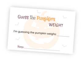 Printable for the Halloween game "Guess the Pumpkin's Weight" where the guests get a chance to guess the weight of a pumpkin you have on display. If you print this, your guests will have a themed slip to write their guess and name on!