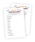 Printable for a Halloween-version of the Word Scramble game. The printable lists 13 Halloween-related words that have had their letters scrambled. The first player to unscramble them all wins!