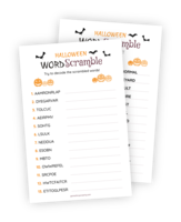 Printable for a Halloween-version of the "Word Scramble" game. The printable lists 13 Halloween-related words that have had their letters scrambled. The first player to unscramble them all wins!