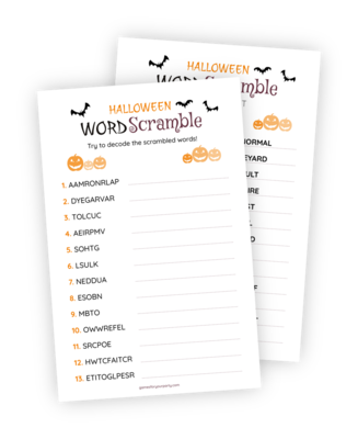 Printable for a Halloween-version of the "Word Scramble" game. The printable lists 13 Halloween-related words that have had their letters scrambled. The first player to unscramble them all wins!
