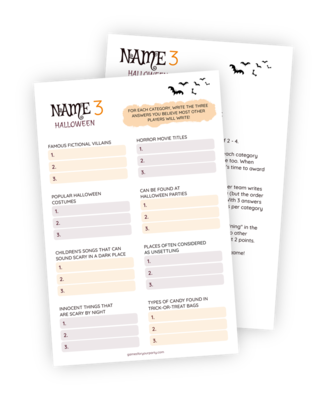 Printable for the Halloween game "Name 3". Divide the participants into teams and hand a copy of this printable to each one. Tell them to write 3 answers in each of the Halloween-related categories. The twist is that they only get points if other teams write the same answers!