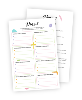 A beautifully designed printable for the Easter-themed 'Name 3' game. The players are presented with 8 categories to write words or phrases in. These categories are on a Easter theme and the goal of the game is to write words or phrases that match what other players write. What will everyone else thing of for the category 'Animals that lay eggs'? Points are awarded for phrases written down and more if they match. An instruction sheet with rules is included.