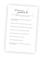 A beautifully designed printable for the Baby Shower game ‘Quiz About the Parents-to-Be’. This is a quiz about the parent-to-be, who will have to provide the correct answers and thus decide who wins! A beautifully designed printable for the Baby Shower game ‘Quiz About the Parents-to-Be’. This is a quiz about the parent-to-be, who will have to provide the correct answers and thus decide who wins!