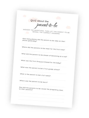 A beautifully designed printable for the Baby Shower game ‘Quiz About the Parents-to-Be’. This is a quiz about the parent-to-be, who will have to provide the correct answers and thus decide who wins!