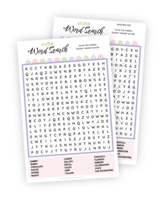 A beautifully designed printable for the Easter-themed 'Word Search'. This one is a classic! The player is given a list of Easter-related words and must try to find them among almost 300 letters. The words can appear horizontally or diagonally, and even backwards! An answer key is included if you give up.