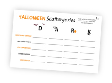 Printable for the Scattergories Halloween game. The player's task is to fill words into a table matching the columns' header letters and the rows' Halloween-related categories. The player or team with the most correct words wins!