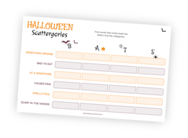Printable for the Scattergories Halloween game. The player's task is to fill words into a table matching the columns' header letters and the rows' Halloween-related categories. The player or team with the most correct words wins!
