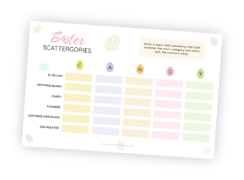A beautifully designed printable for the Easter-themed 'Scattergories' game. This game is about writing Easter-related words into a table where each row must match a specific Easter-themed category and each column dictrates what letter the words must start with. THe player that writes the most words wins!