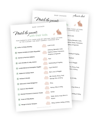 A beautifully designed printable for the Baby Shower game ‘Match the Parents with Their Kids’. This game is about matching up 14 well-known fictional parents with their kids, all from TV shows, movies, and stories.