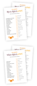 Printables for the Halloween Movie Match game, with a version for kids! Let's match up movies with their characters! Staying true to the Halloween theme, this game focuses on scary movies, nasty characters, or the supernatural, and for kids the villains of childrens' movies. The left sides of the printables list movies, and the right sides characters from those movies. The task for the players is simply to match them up by writing the movie's letter next to the character's name.