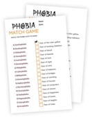 Printable for the Phobia Match Game for Halloween. This game is fun and simple but still quite a challenge! The task for the players is to pair up the names of phobias with their descriptions. Globophobia anyone?