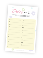 A beautifully designed printable for the 'Easter A-Z' game. The printable has instructions for how to play and ample space for writing Easter-themed words and phrases for each letter of the alphabet. The task is to write something Easter-related for each letter. The player that manages to write a word for the most number of letters wins!