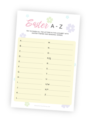 A beautifully designed printable for the 'Easter A-Z' game. The printable has instructions for how to play and ample space for writing Easter-themed words and phrases for each letter of the alphabet. The task is to write something Easter-related for each letter. The player that manages to write a word for the most number of letters wins!