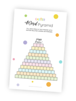 A beautifully designed printable for the Easter-themed 'Word Pyramid' game. This game challenges the players to write words on the theme of Easter into rows of a pyramid. The pyramid shape forces the player to come up with both long and short words. Writing phrases into the rows is also allowed.