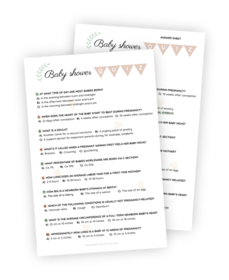 A beautifully designed printable for the Baby Shower game ‘Baby Shower Quiz’. The 10 questions are baby- and pregnancy-related and carefully chosen to be fun for both guests and the mother-to-be.