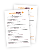 Printable for the Halloween Quiz game. The printable has 10 questions on the theme of Halloween spread across topics such as video games, body parts, pumpkin facts, and movies. An answer sheet for easy correcting is included!