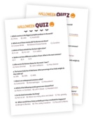 Printable for the Halloween Quiz game. The printable has 10 questions on the theme of Halloween spread across topics such as video games, body parts, pumpkin facts, and movies. An answer sheet for easy correcting is included!