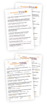 Printables for the "Halloween Trivia" game for both adults and children. Each version has 10 questions on the theme of Halloween spread across topics such as video games, body parts, pumpkin facts, and movies. Answer sheets for both versions are included to make correcting easy!