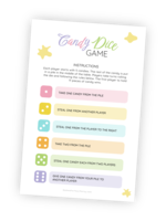 A beautifully designed printable for the Easter-themed 'Candy Dice Game'. Hand out 5 pieces of candy to each player, and put the rest of the candy in a pile at the middle of the table. Players take turns to throw the die and follow the rules from the printable. The first player to hold 11 candies wins!