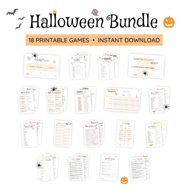 Bundle of all 18 Halloween printables. These are designs you can print that make playing our games much easier and more fun! Examples of included printables are a Halloween Trivia, Phobia Match Game, Kids or Horror Movie, and Halloween Word Scramble. When these are printed the games are super easy to play and also to correct because answer sheets are included where appropriate. Bundle of all 18 Halloween printables. These are designs you can print that make playing our games much easier and more fun! Examples of included printables are a Halloween Trivia, Phobia Match Game, Kids or Horror Movie, and Halloween Word Scramble. When these are printed the games are super easy to play and also to correct because answer sheets are included where appropriate.