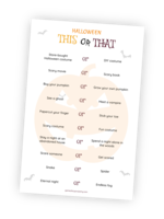 Printable for the Halloween game "This or That". In this great icebreaker, the players are asked to give their opinion on 10 questions. Do they prefer living in an eternal night or an endless fog? Would they rather see a ghost or meet a vampire? Encourage them to discuss afterward!