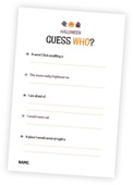 Printable for the Guess Who Halloween activity. This activity is a great conversation starter. The task for the participants is to fill in their answers to five questions and jot down their names. When you've collected everyone's papers, read their answers aloud and let the guests try to guess who wrote them! Simple and fun!