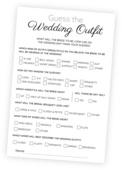 Downloadable printable for the game 'Guess the Wedding Outfit' for bridal showers.
